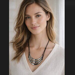 J. Jill Layered Crescent Necklace Silver Tone Curved Bar Adjustable Cord Modern